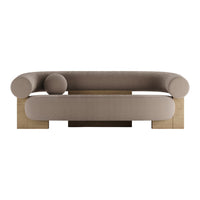 Beige curved sofa with round arms and a minimalist wooden base, perfect for modern living spaces.