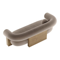 Beige curved sofa with a unique tubular design and wooden base, perfect for modern living spaces.