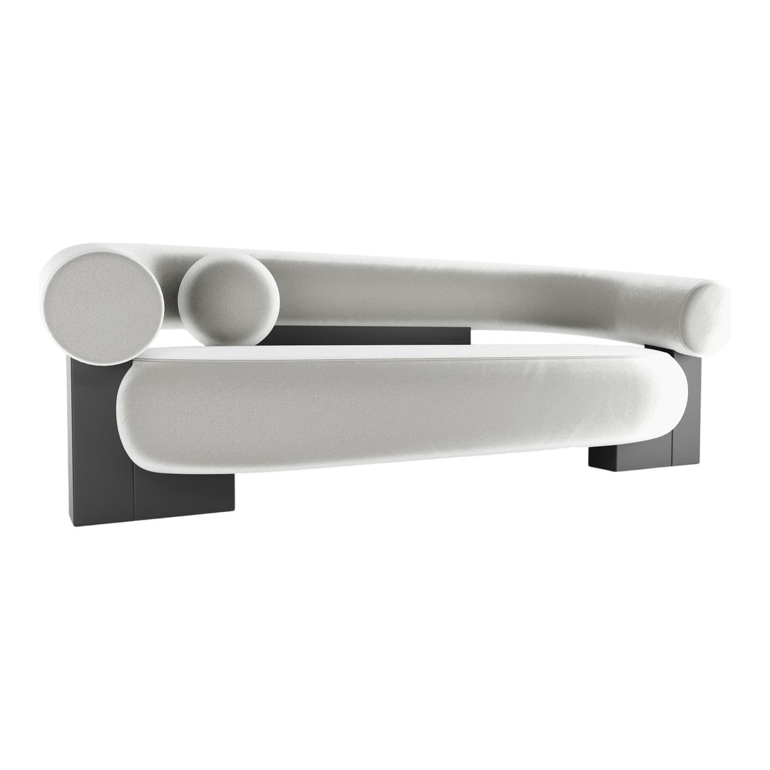 Modern white sofa with smooth, curved lines and contrasting black legs, featuring minimalist design and sleek patterns.