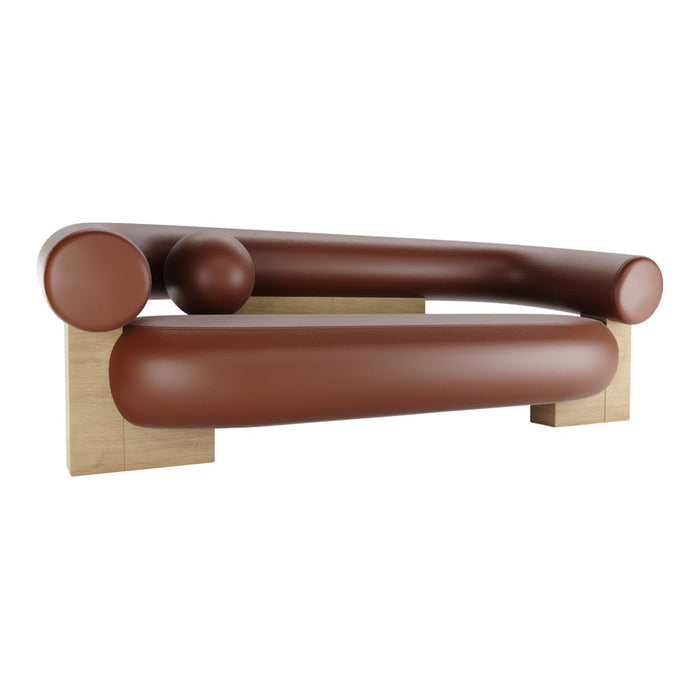 Brown sofa with rounded edges and a smooth texture, set on a light wood base, featuring a modern design.