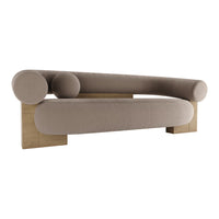 Beige upholstered sofa with rounded arms and a modern wooden base, featuring soft, subtle textures and clean lines.