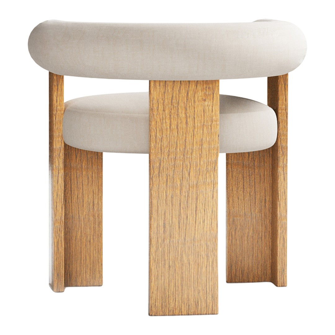 Round beige upholstered chair with light wooden legs, featuring a minimalistic and modern design.