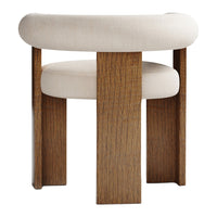 Beige upholstered chair with a natural wood frame and minimalist design. Perfect for modern decor.