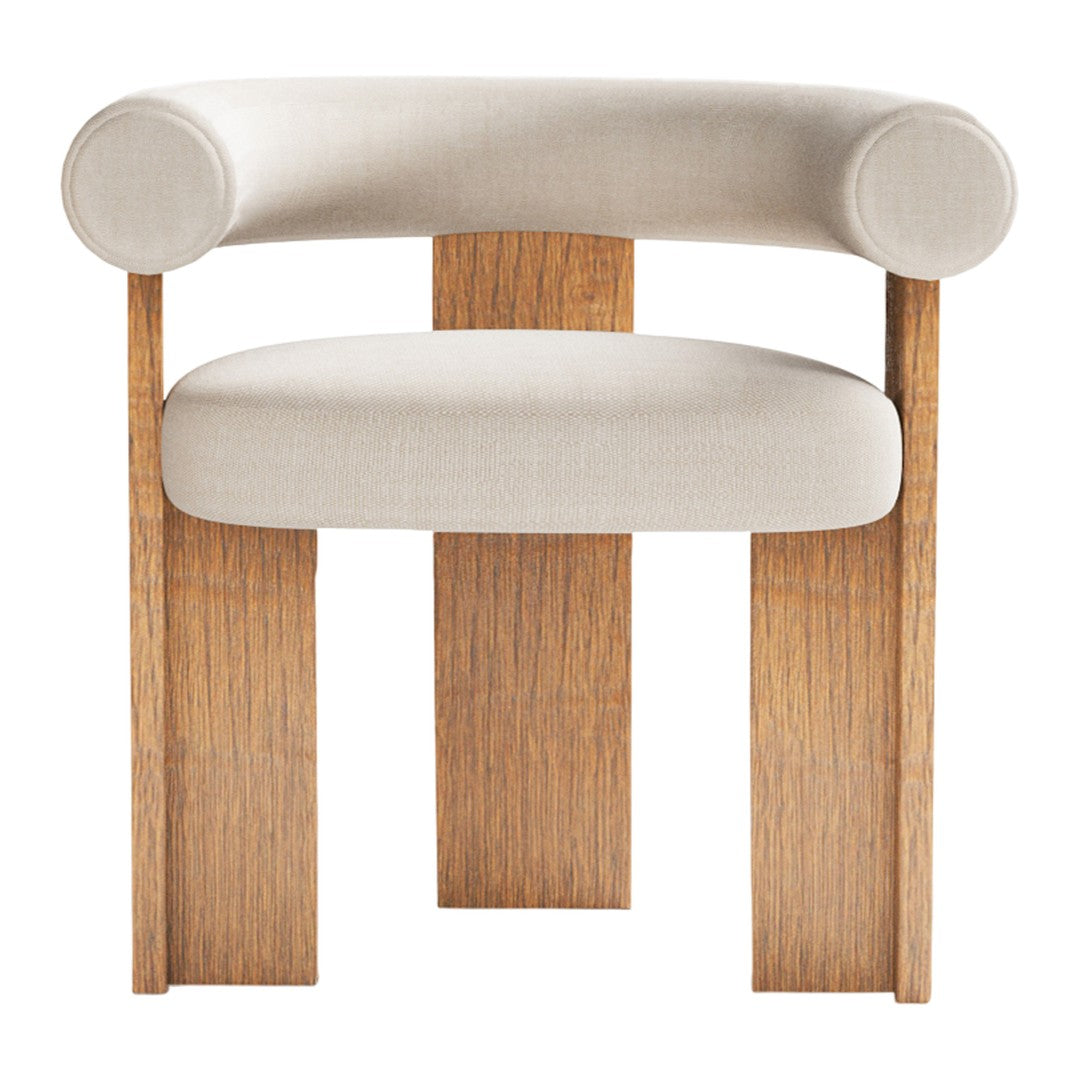 Cream upholstered chair with light wood accents and a minimalist design, featuring smooth curves and geometric shapes.