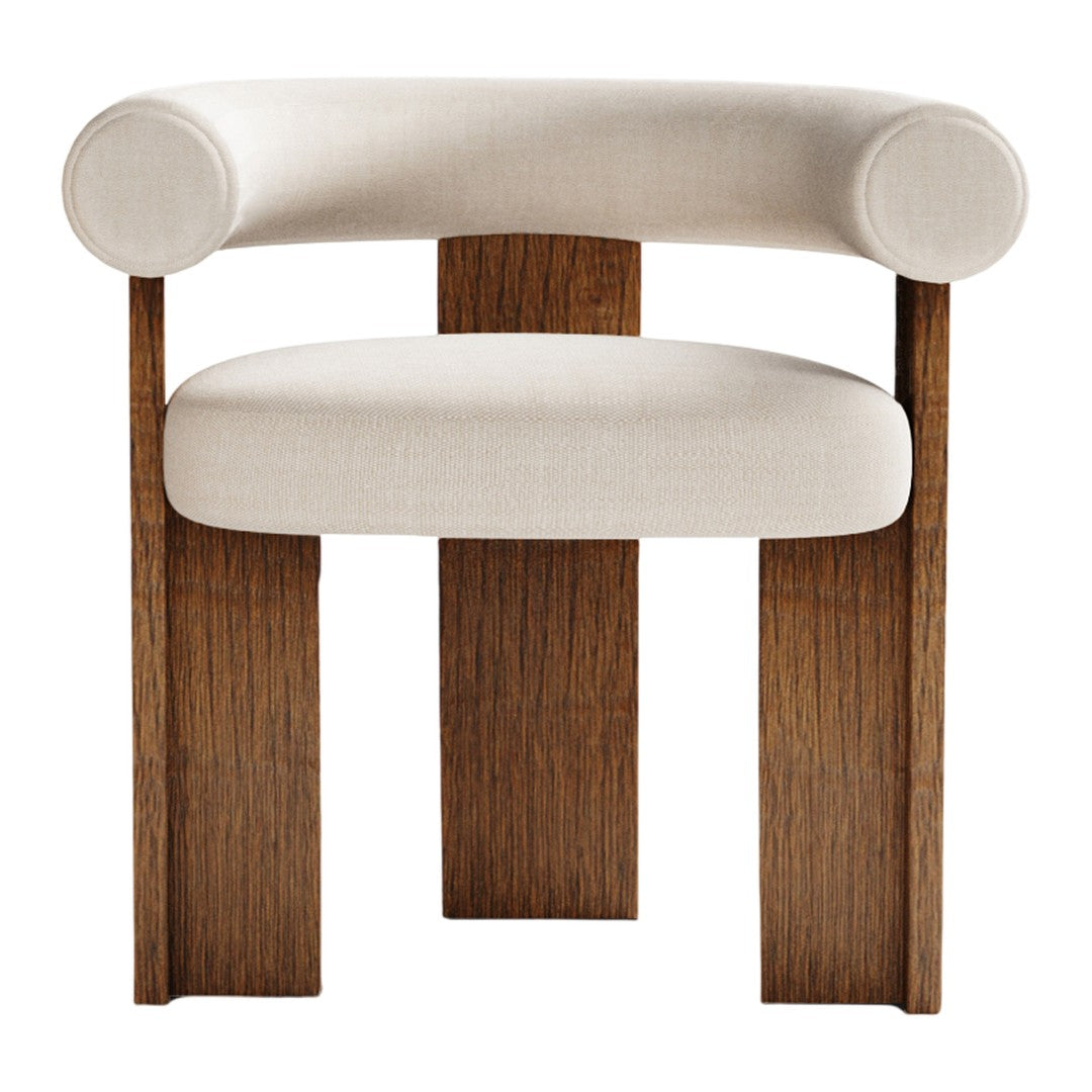 Cream upholstered chair with rounded arms and natural wood legs, featuring a minimalist design and clean lines.