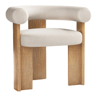 Beige upholstered chair with rounded arms and natural wood legs, featuring a smooth, minimalist design.