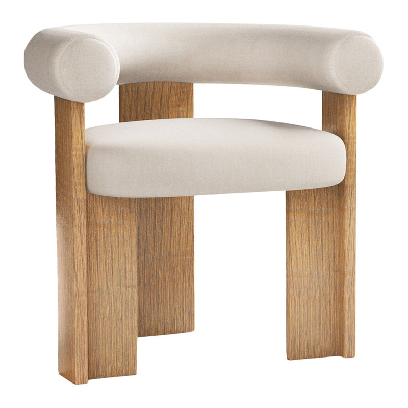 Beige upholstered chair with rounded arms and natural wood legs, featuring a smooth, minimalist design.
