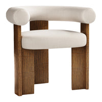 Cream upholstered chair with rounded arms and natural wood base, featuring a minimalist design and smooth textures.