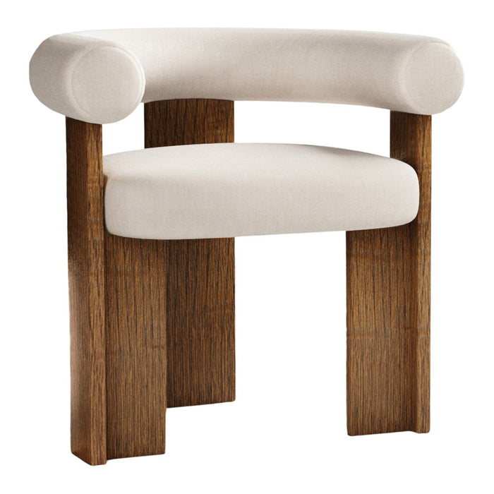 Cream upholstered chair with rounded arms and natural wood base, featuring a minimalist design and smooth textures.