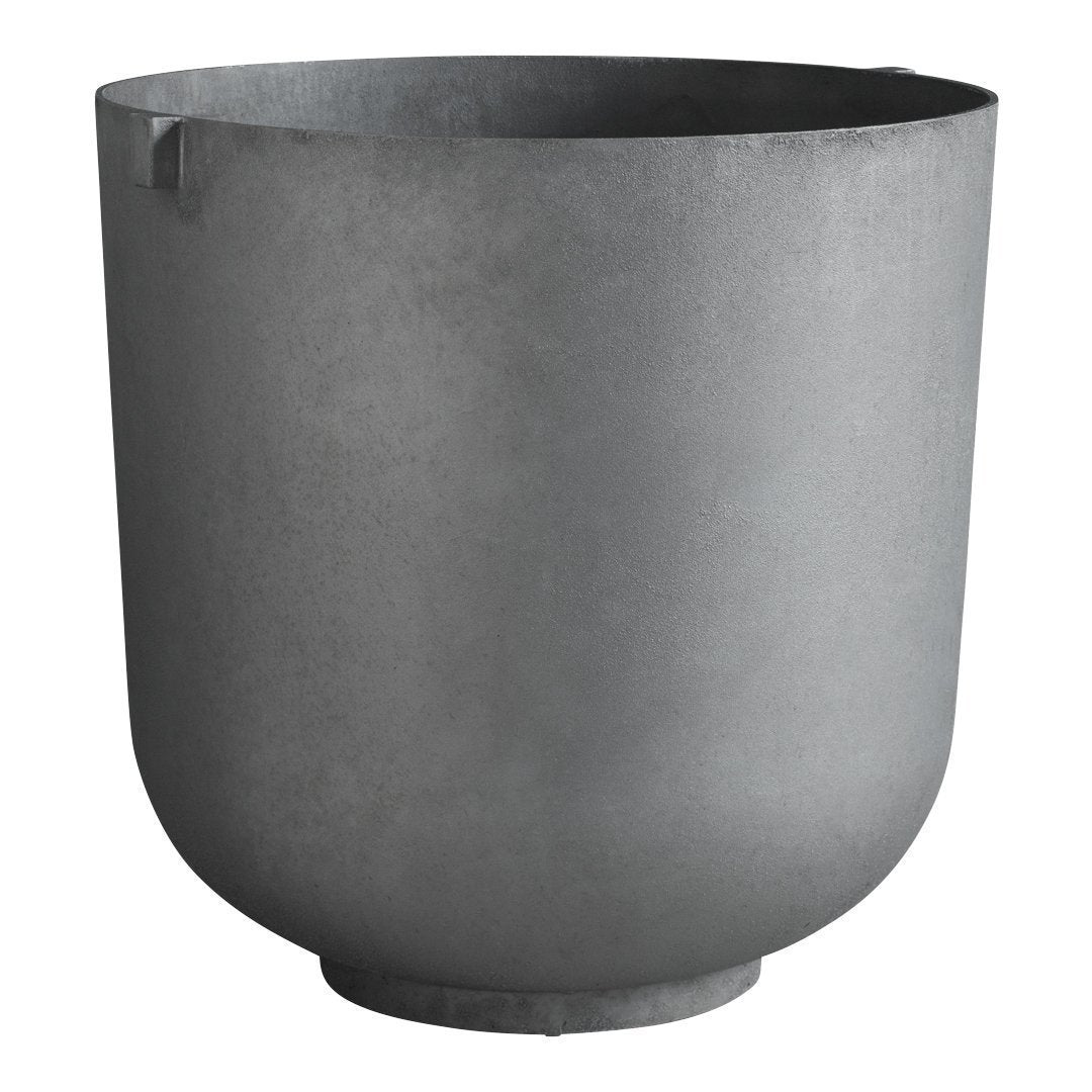 Gray metal planter with a smooth, matte finish and a minimalist round design. Perfect for modern decor.