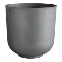 Gray metal planter with a smooth, matte finish and a minimalist round design. Perfect for modern decor.