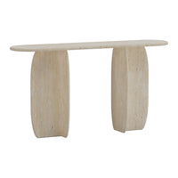 Light-colored console table with smooth, rounded edges and a minimalist design. Ideal for modern interior decor.