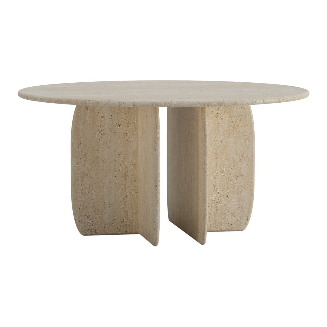 Round beige table with a smooth, solid surface and a minimalist, geometric base design, perfect for modern decor.