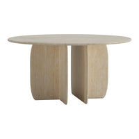 Round beige table with a smooth, solid surface and a minimalist, geometric base design, perfect for modern decor.