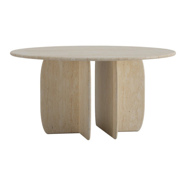 Round beige table with a smooth, solid surface and a minimalist, geometric base design, perfect for modern decor.