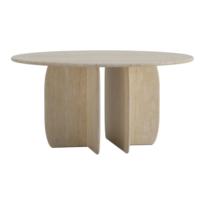 Round beige table with a smooth, solid surface and a minimalist, geometric base design, perfect for modern decor.
