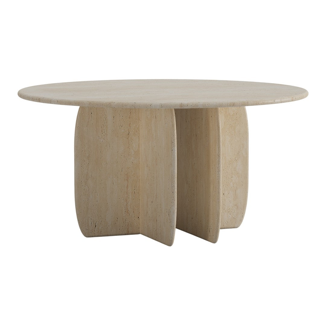 Round beige table with a smooth surface and unique curved pedestal base, adding a modern touch to any space.