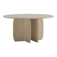 Round beige table with a smooth surface and unique curved pedestal base, adding a modern touch to any space.