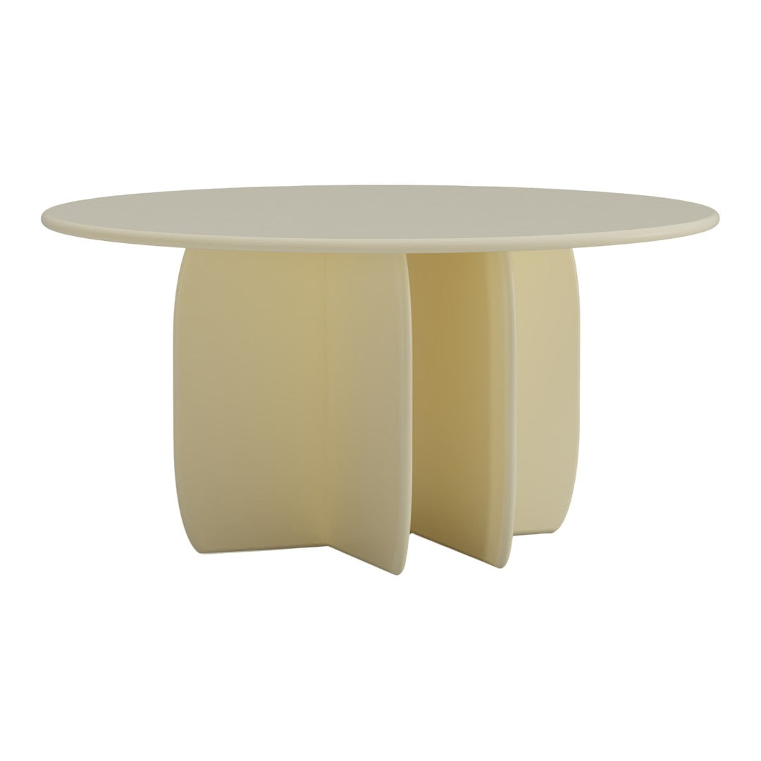 Round beige table with a smooth surface and unique, curved base design. Perfect for modern decor.