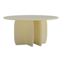 Round beige table with a smooth surface and unique, curved base design. Perfect for modern decor.