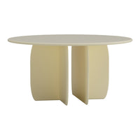 Round cream-colored table with a sleek, minimalist design and smooth surface, featuring subtle curved cutouts.