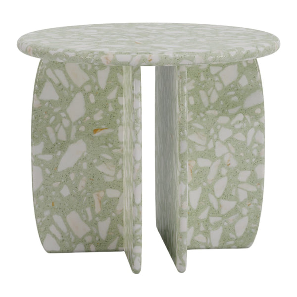 Green terrazzo side table with white and subtle orange speckles, featuring a unique geometric design.
