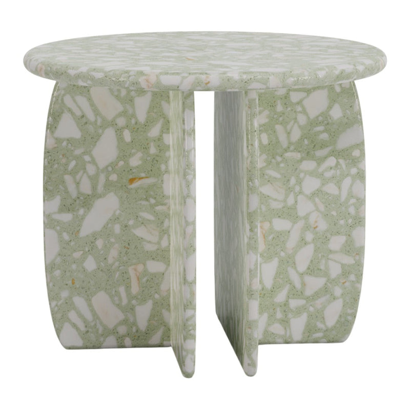Green terrazzo side table with white and subtle orange speckles, featuring a unique geometric design.