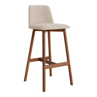 Beige upholstered barstool with a sleek wooden frame, showcasing a modern, minimalist design.