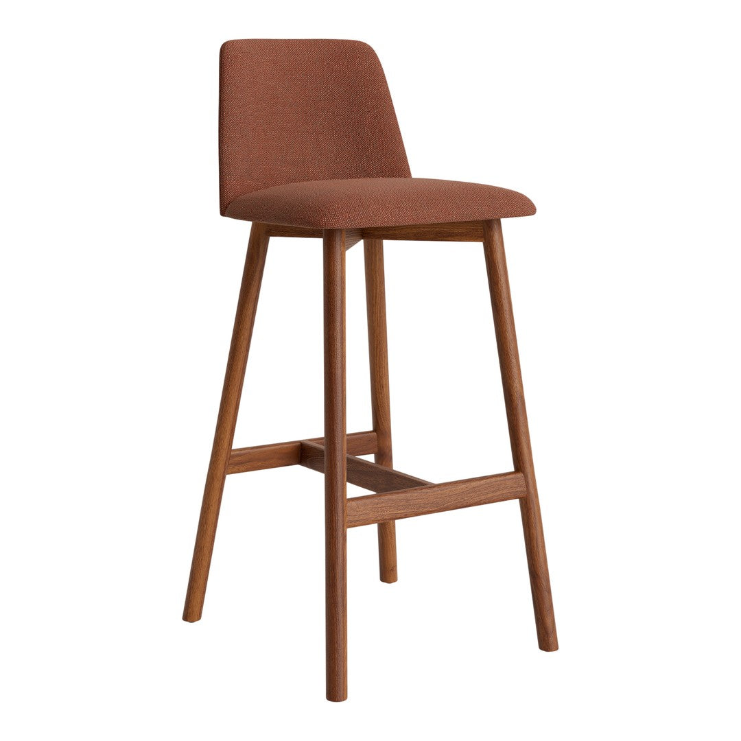 Brown upholstered bar stool with a sleek wooden frame, featuring a minimalist design and smooth finish.