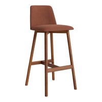 Brown upholstered bar stool with a sleek wooden frame, featuring a minimalist design and smooth finish.