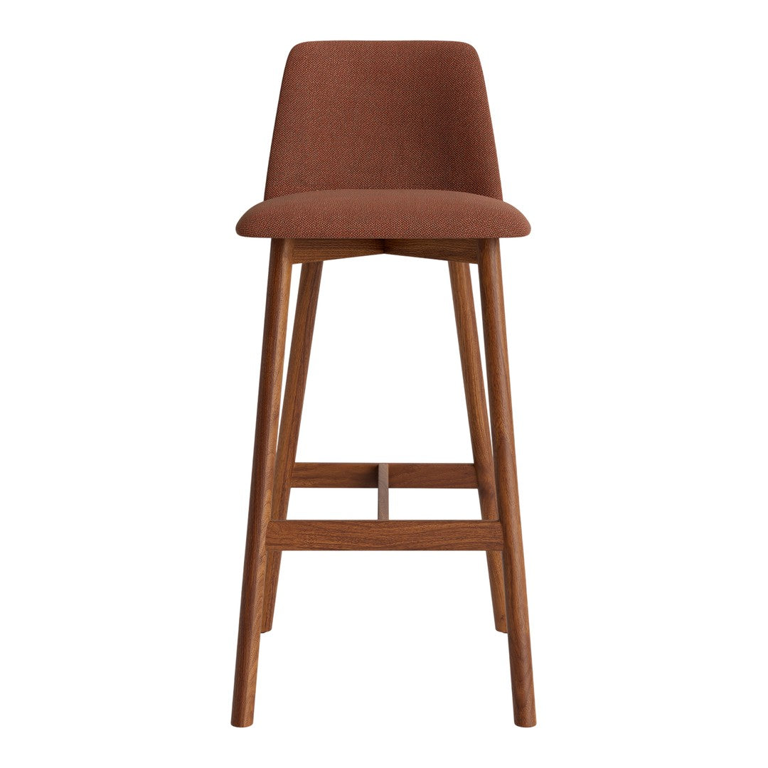 Rust-colored fabric upholstered bar stool with a wooden frame, featuring a sleek, minimalist design.