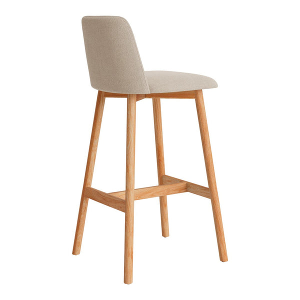 Beige upholstered bar stool with natural wood legs, featuring a minimalist design and smooth texture.