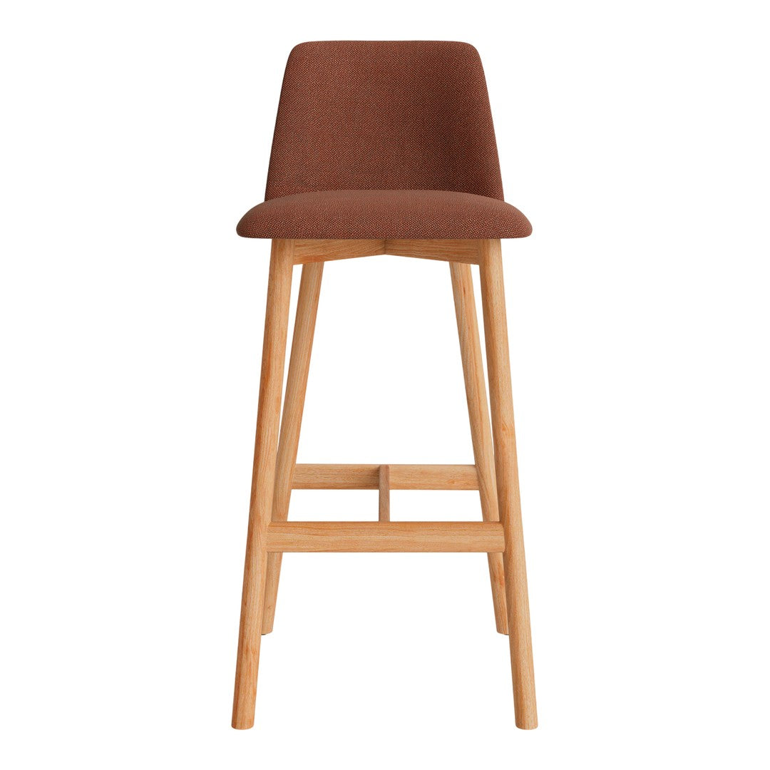Brown upholstered bar stool with wooden legs, featuring a sleek and modern design. Perfect for contemporary spaces.