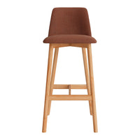 Brown upholstered bar stool with wooden legs, featuring a sleek and modern design. Perfect for contemporary spaces.