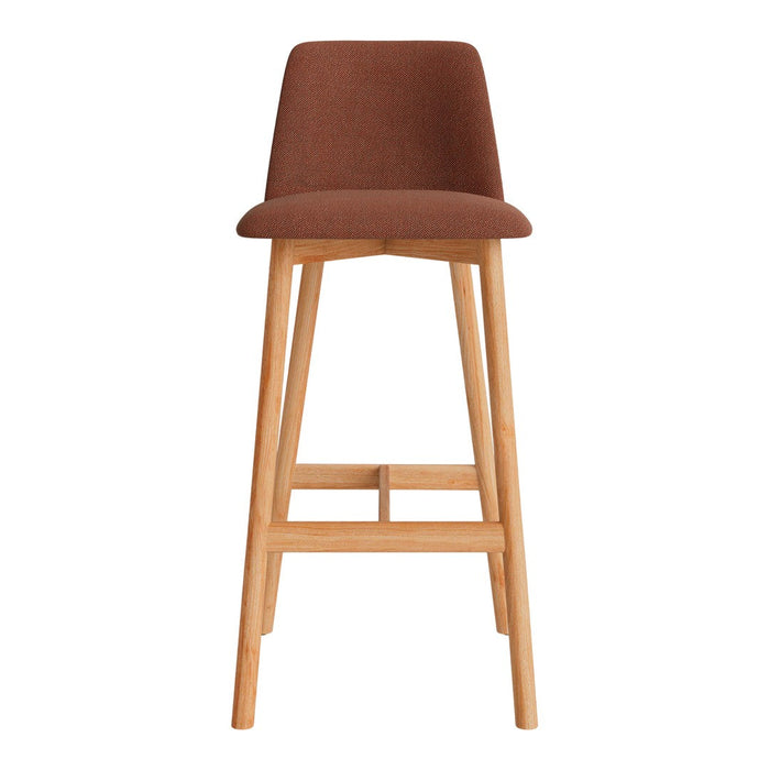 Brown upholstered bar stool with wooden legs, featuring a sleek and modern design. Perfect for contemporary spaces.