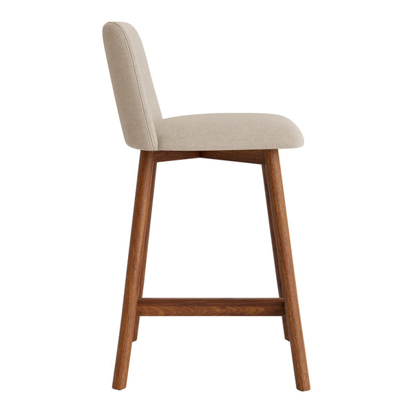 Beige upholstered barstool with natural wood legs, featuring a sleek, minimalist design and clean lines.