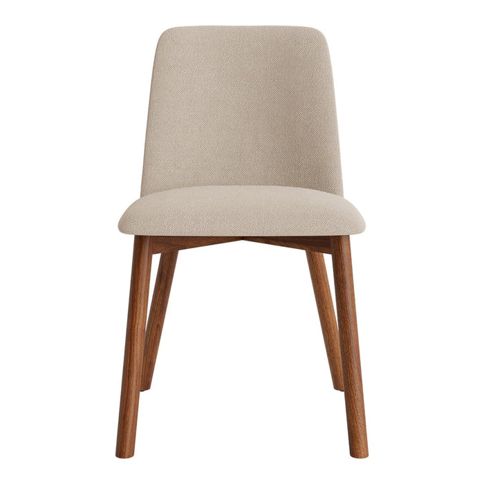 Beige textured fabric chair with wooden legs, featuring a simple and modern design. Perfect for any room decor.