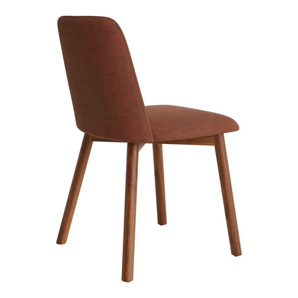 Rust-colored upholstered chair with a textured pattern and wooden legs, perfect for modern decor.