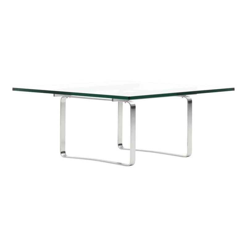 Clear glass square coffee table with a sleek chrome base, showcasing a modern minimalist design.