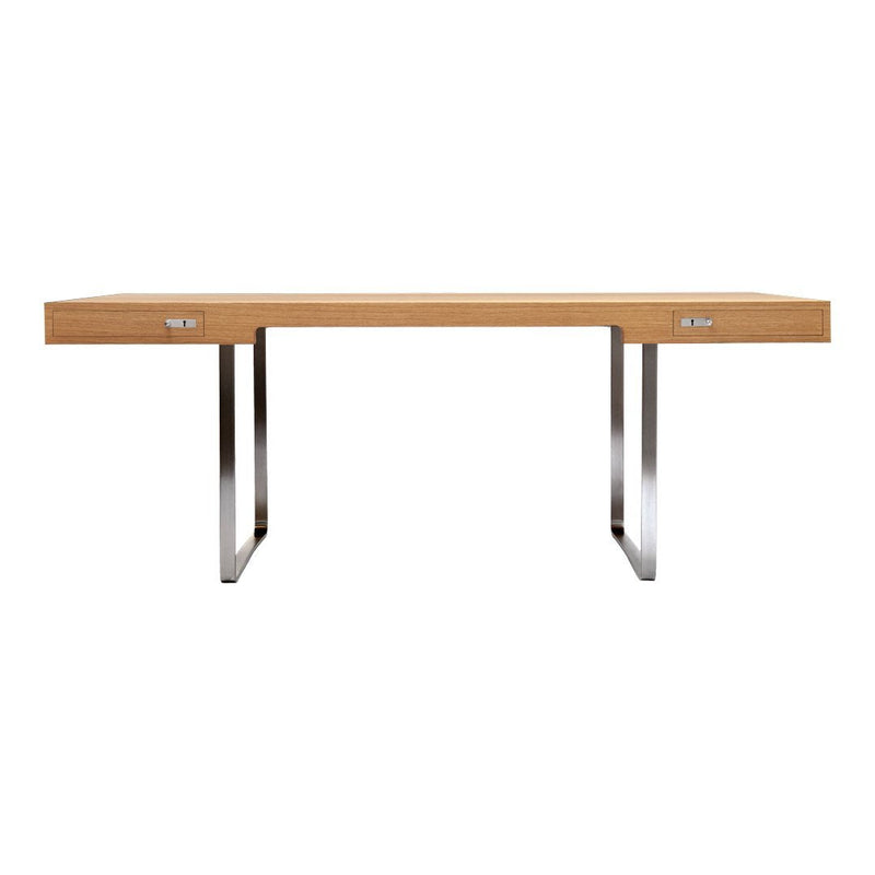 Modern wood desk with a warm oak finish and sleek stainless steel legs. Minimalist design with two silver drawer handles.