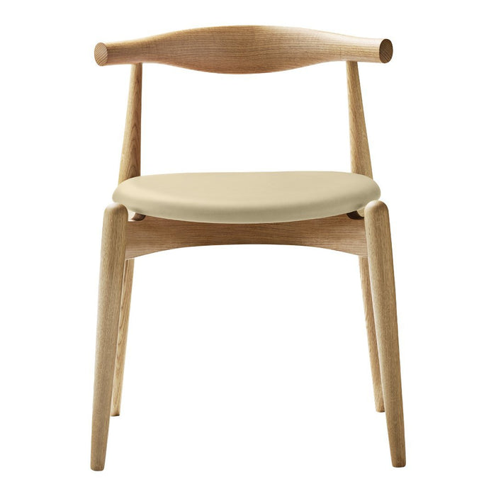 Natural wood chair with a light beige seat and minimalist design, showcasing smooth lines and elegant shapes.