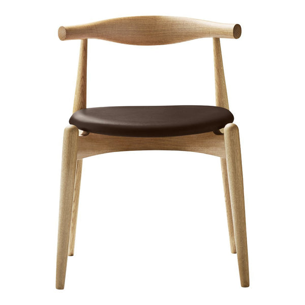 Natural wood chair with a light oak finish and a dark brown cushion. Minimalist design, no patterns.