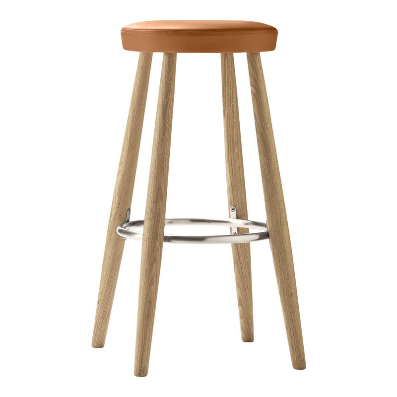 Wooden bar stool with a natural wooden finish and a warm orange-brown seat, featuring a sleek chrome footrest.