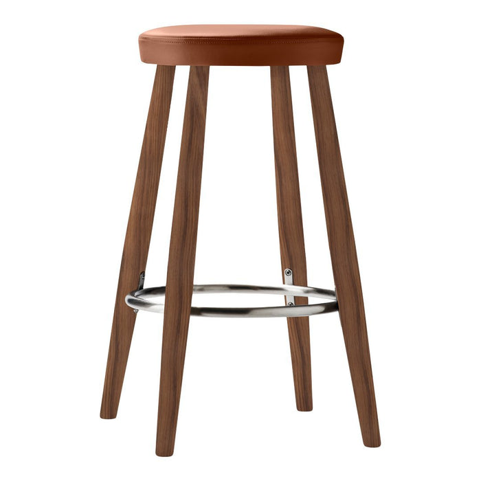 Rustic wooden bar stool with a warm brown seat and sleek chrome footrest, showcasing a simple, modern design.