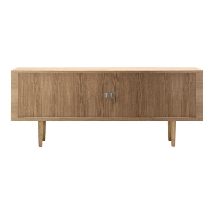 Light oak wood console table with a smooth, natural grain and minimalist design, featuring sleek silver hardware.
