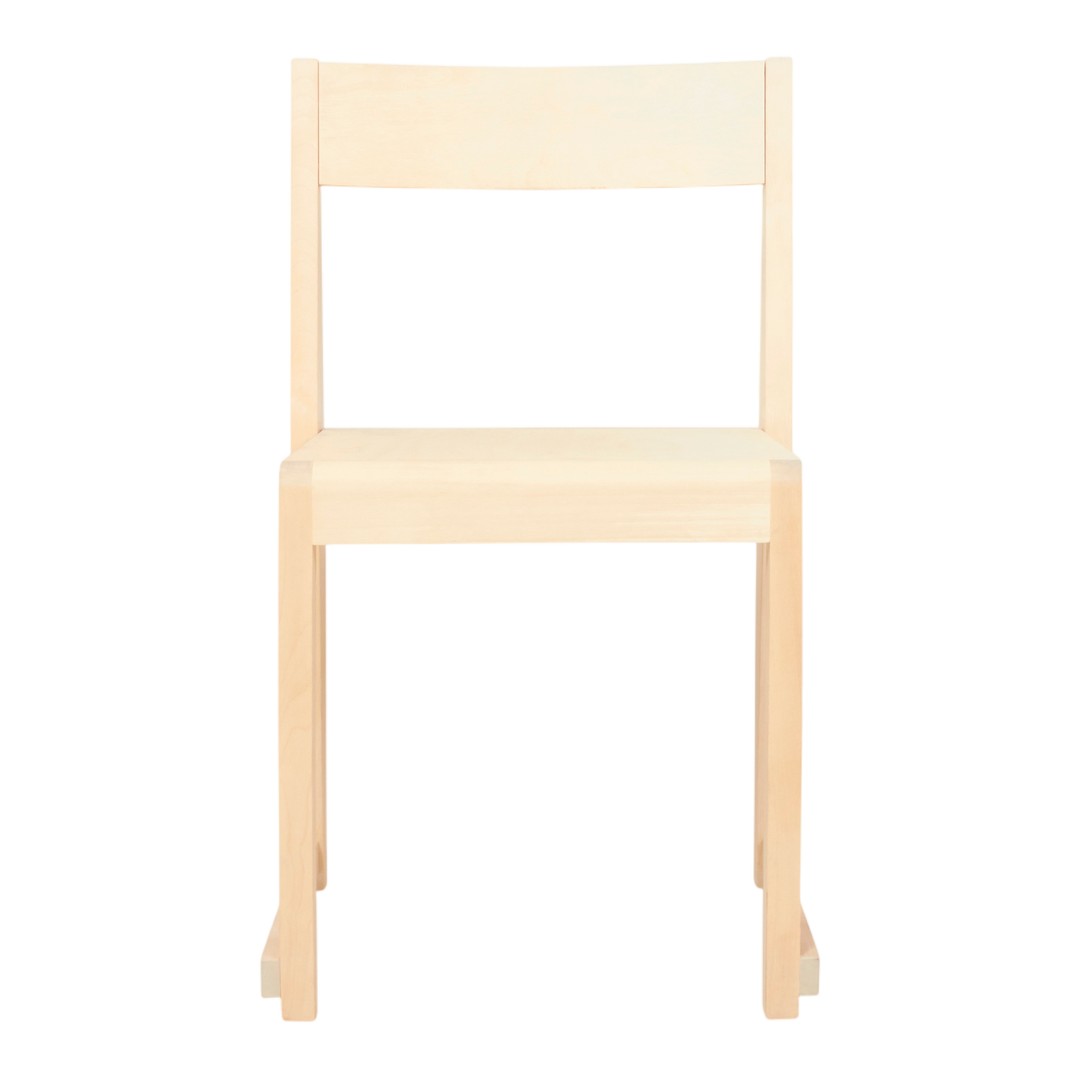 Light beige wooden chair with a minimalist design, featuring a smooth, solid finish and clean lines.
