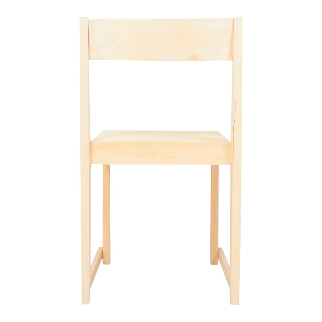 Natural wood chair with a smooth, light beige finish, featuring clean lines and a minimalist design.