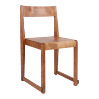 "Light brown wooden chair with a minimalist design and smooth finish, showcasing natural wood grain patterns."