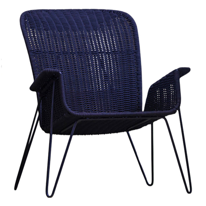 Navy blue woven lounge chair with a modern design and sleek black metal legs. Ideal for stylish home decor.
