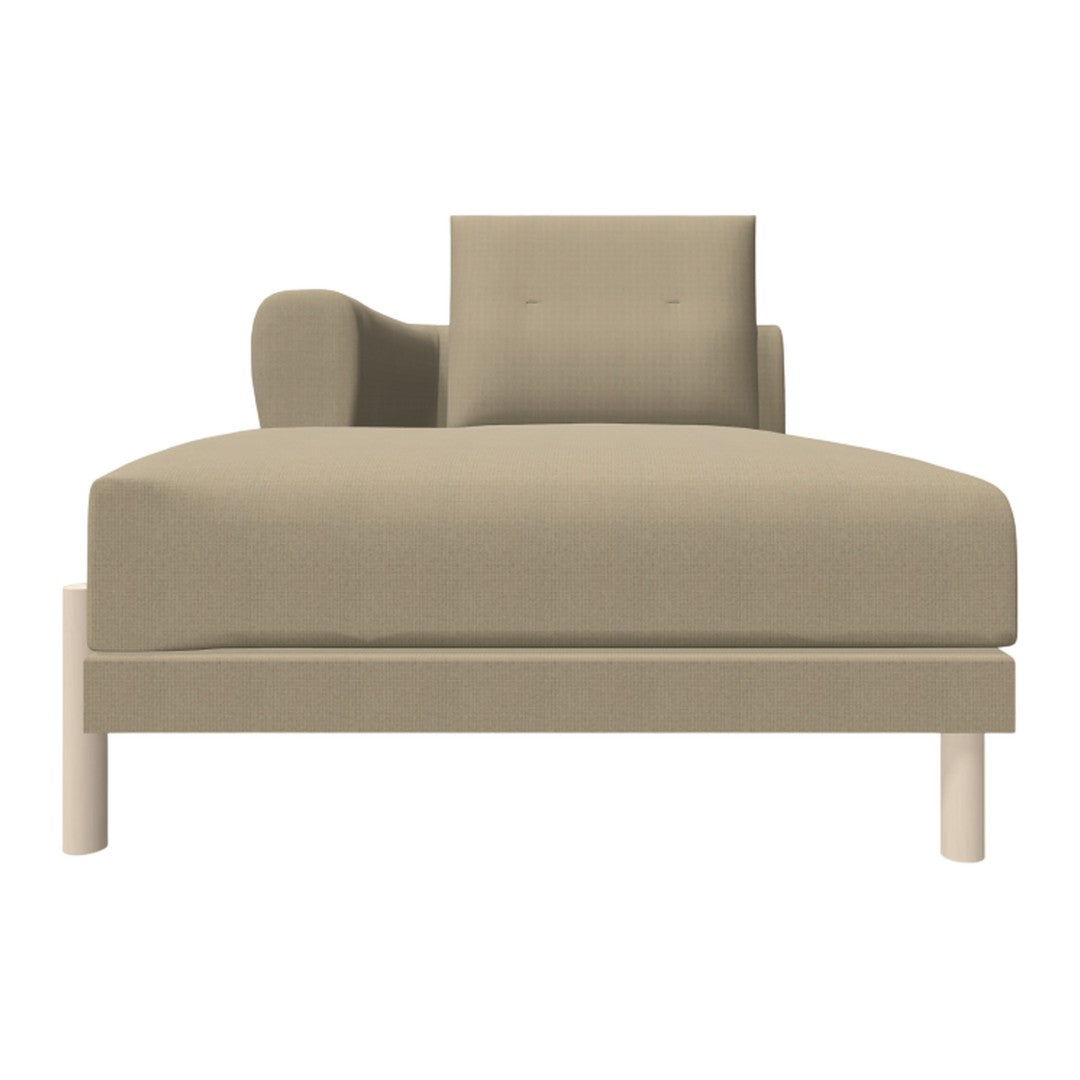 Beige chaise lounge with a modern design and subtle square armrest, featuring a smooth, textured fabric finish.
